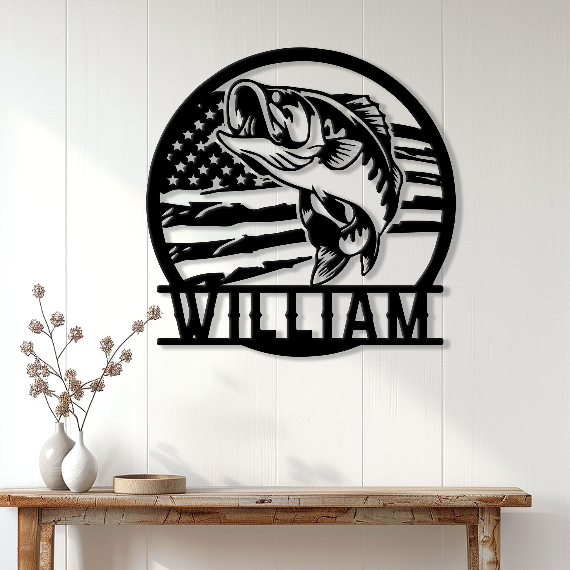 Bass fishing wall decor displayed above a console table in a bright home interior