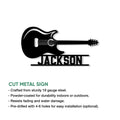 Electric guitar cut metal sign feature graphic showing indoor or outdoor use and installation options