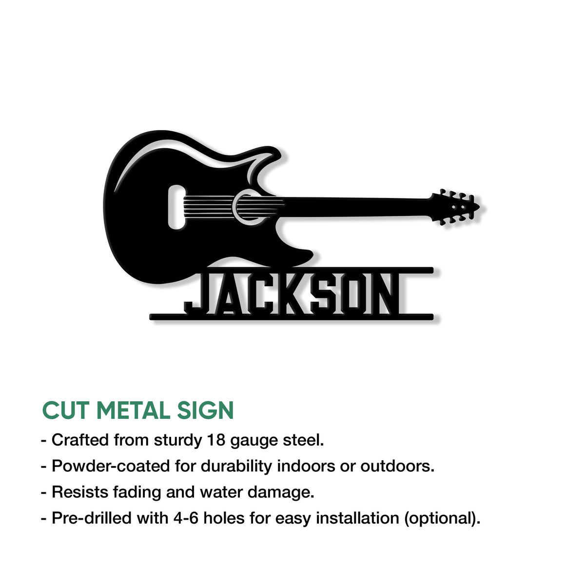 Electric guitar cut metal sign feature graphic showing indoor or outdoor use and installation options