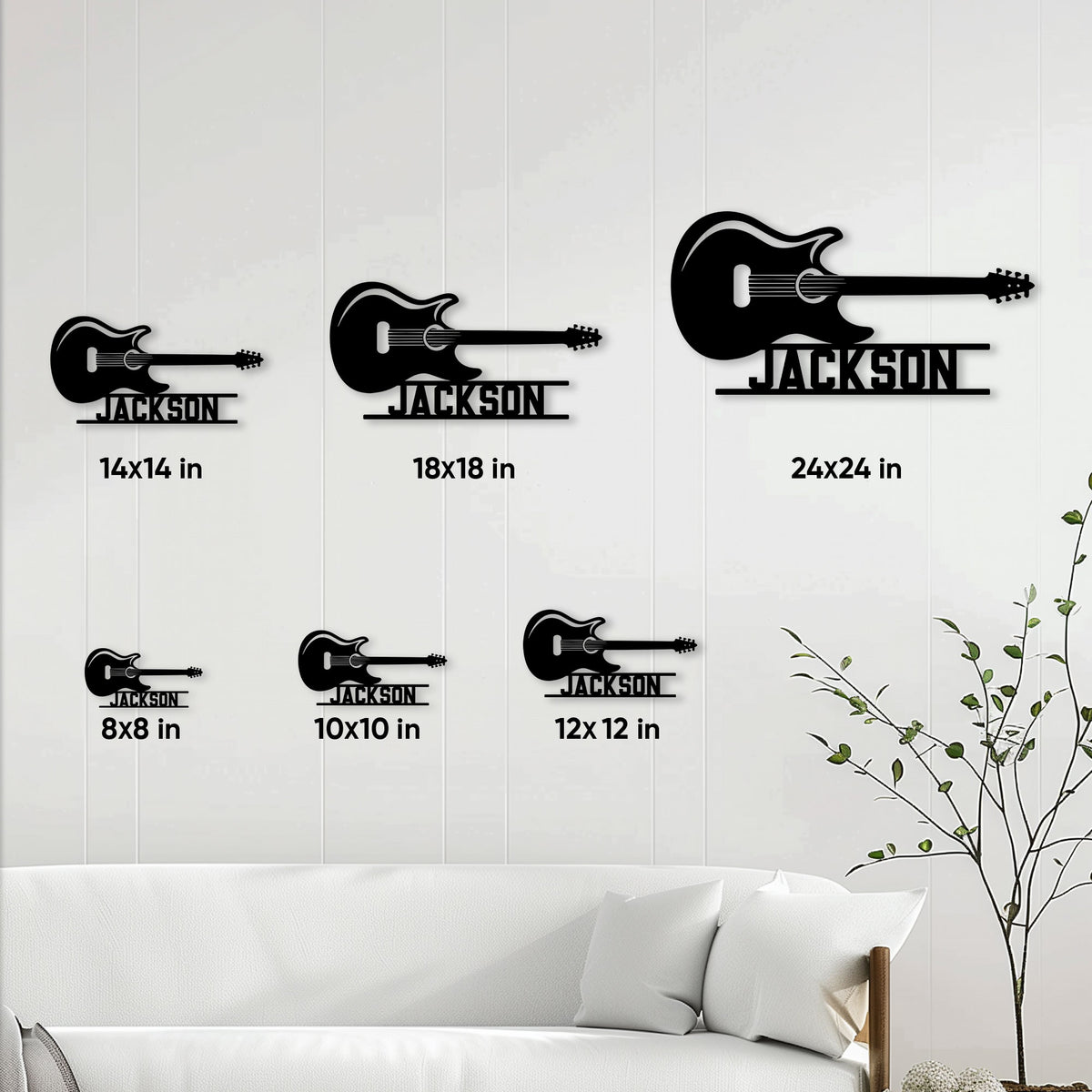 Electric guitar metal sign size guide showing 8, 10, 12, 14, 18, and 24 inch options