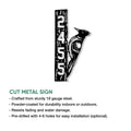Woodpecker cut metal sign shown with a feature infographic describing the sign design