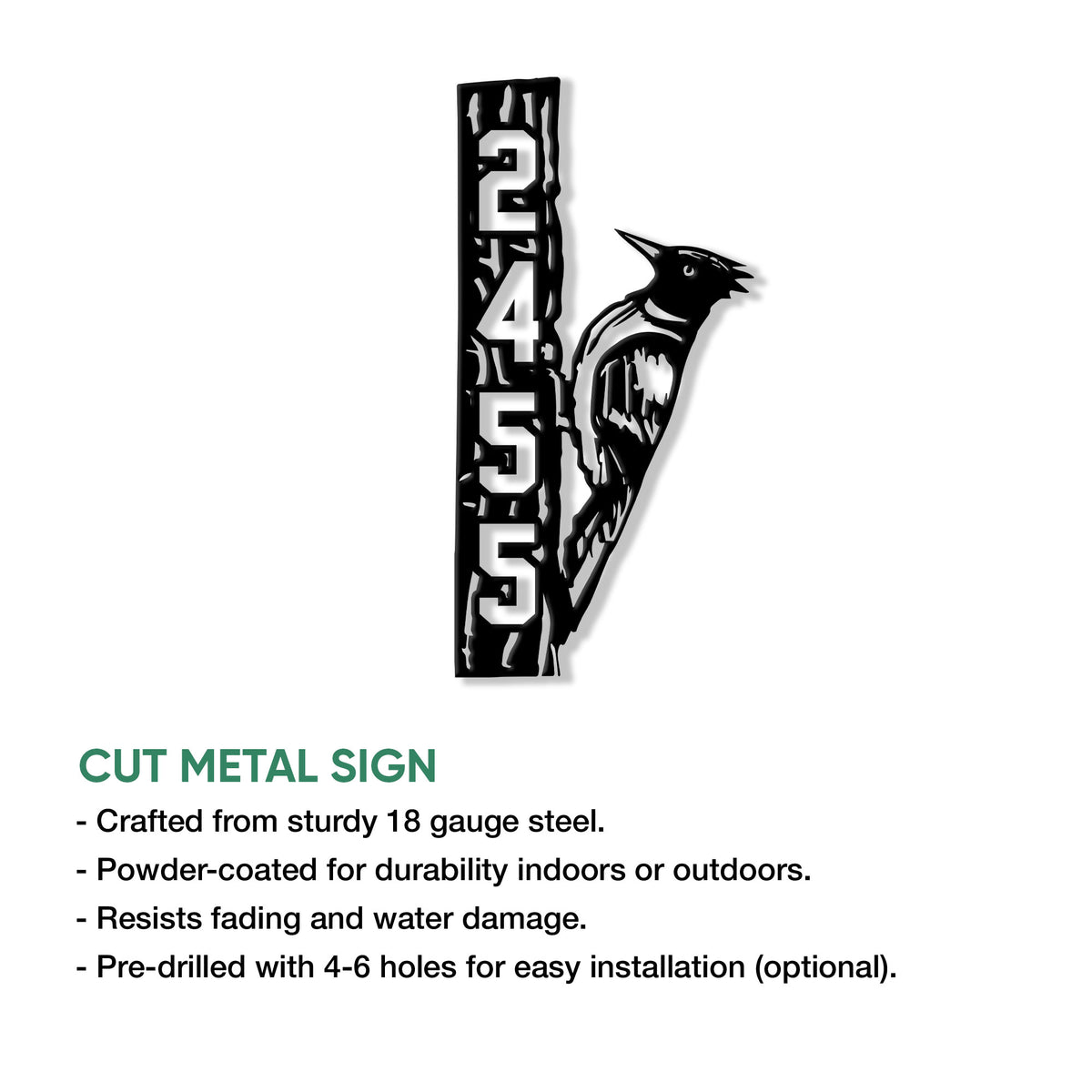 Woodpecker cut metal sign shown with a feature infographic describing the sign design