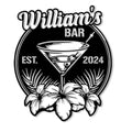 Custom cocktail bar metal sign featuring a martini glass, tropical flowers, and bold black-and-white artwork