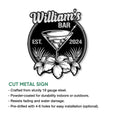 Cocktail bar metal sign product graphic showing the martini and hibiscus design with cut-steel sign details