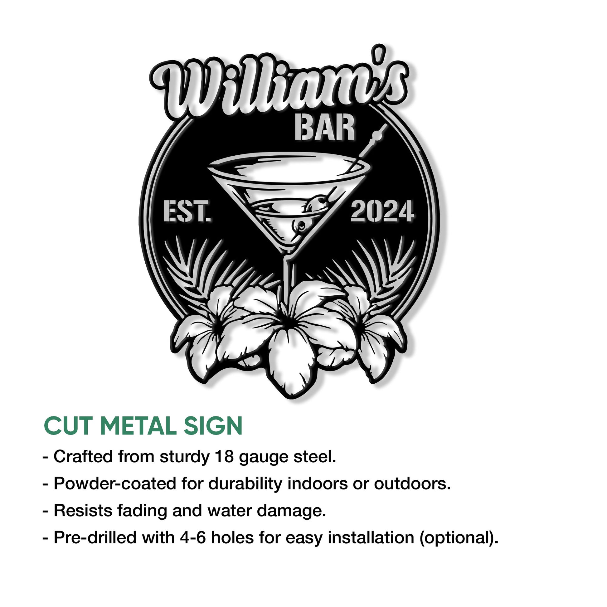 Cocktail bar metal sign product graphic showing the martini and hibiscus design with cut-steel sign details