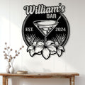 Cocktail bar wall sign displayed on white paneling above a rustic console table in a home decor setting