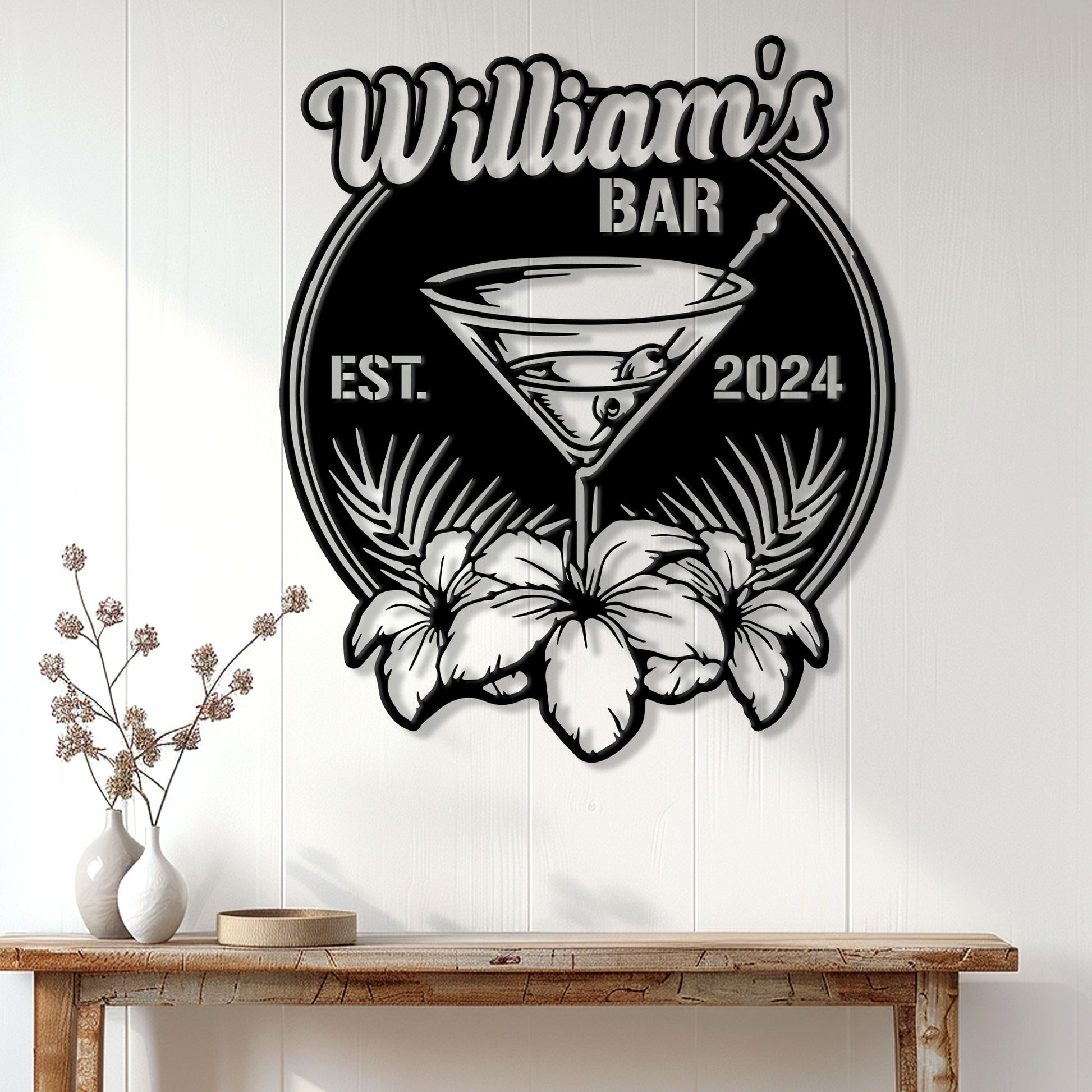 Cocktail bar wall sign displayed on white paneling above a rustic console table in a home decor setting