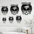 Cocktail bar metal sign size guide showing multiple square size options displayed on a living room wall