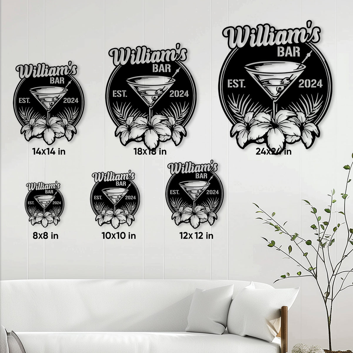 Cocktail bar metal sign size guide showing multiple square size options displayed on a living room wall