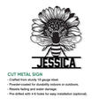Bee and sunflower metal sign shown with a cut-metal product feature guide