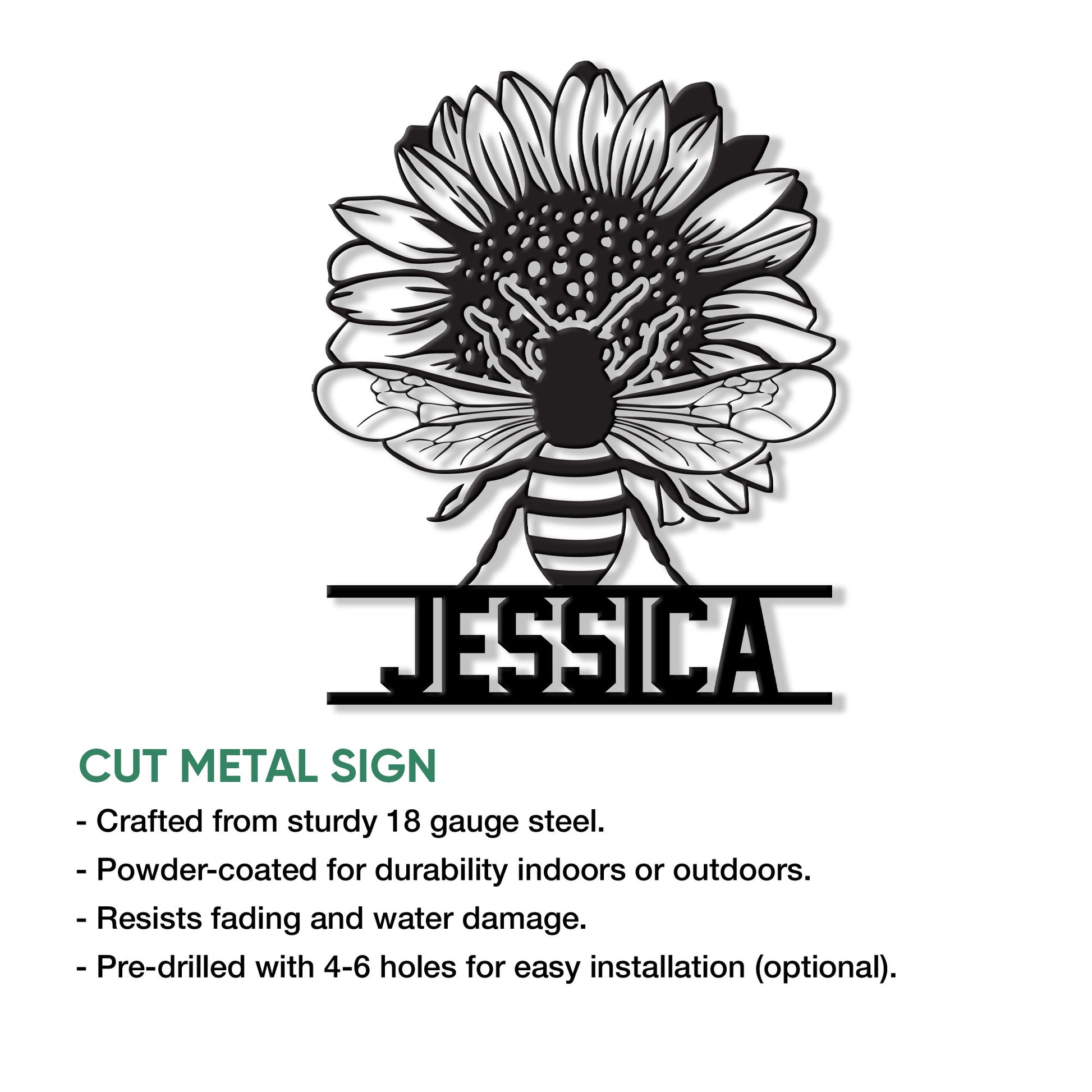 Bee and sunflower metal sign shown with a cut-metal product feature guide