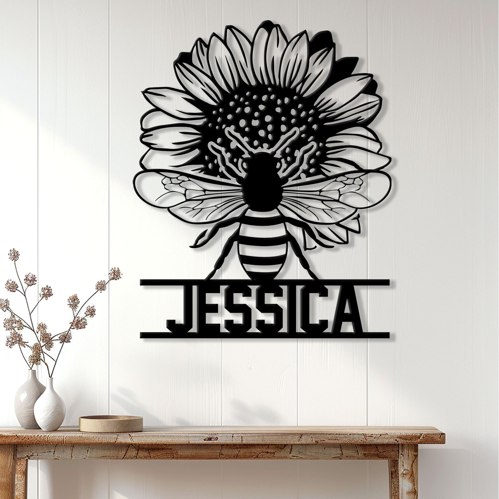 Bee sunflower wall sign displayed on a bright paneled home interior wall