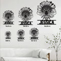 Bee metal sign size guide showing multiple square size options in a room setting