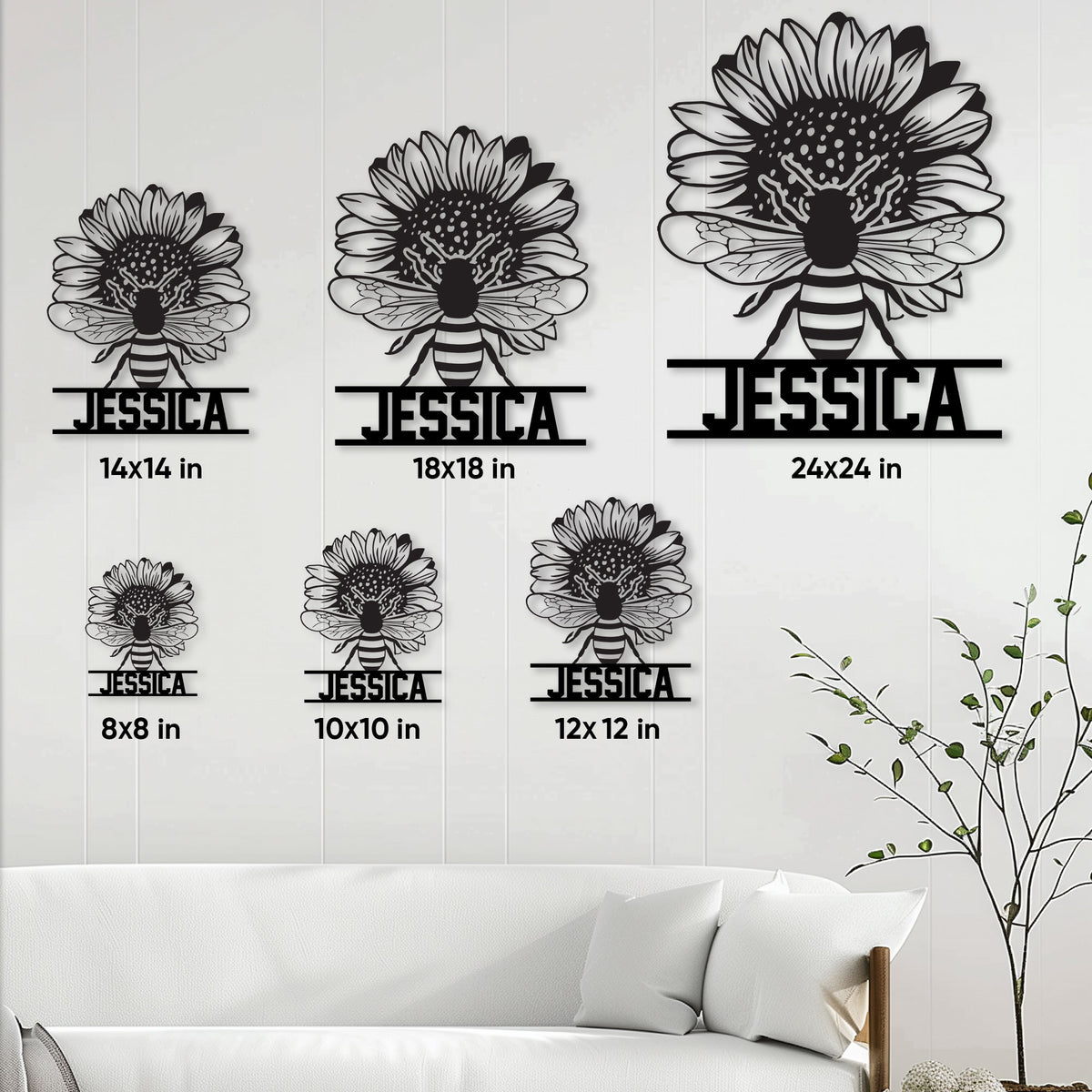 Bee metal sign size guide showing multiple square size options in a room setting
