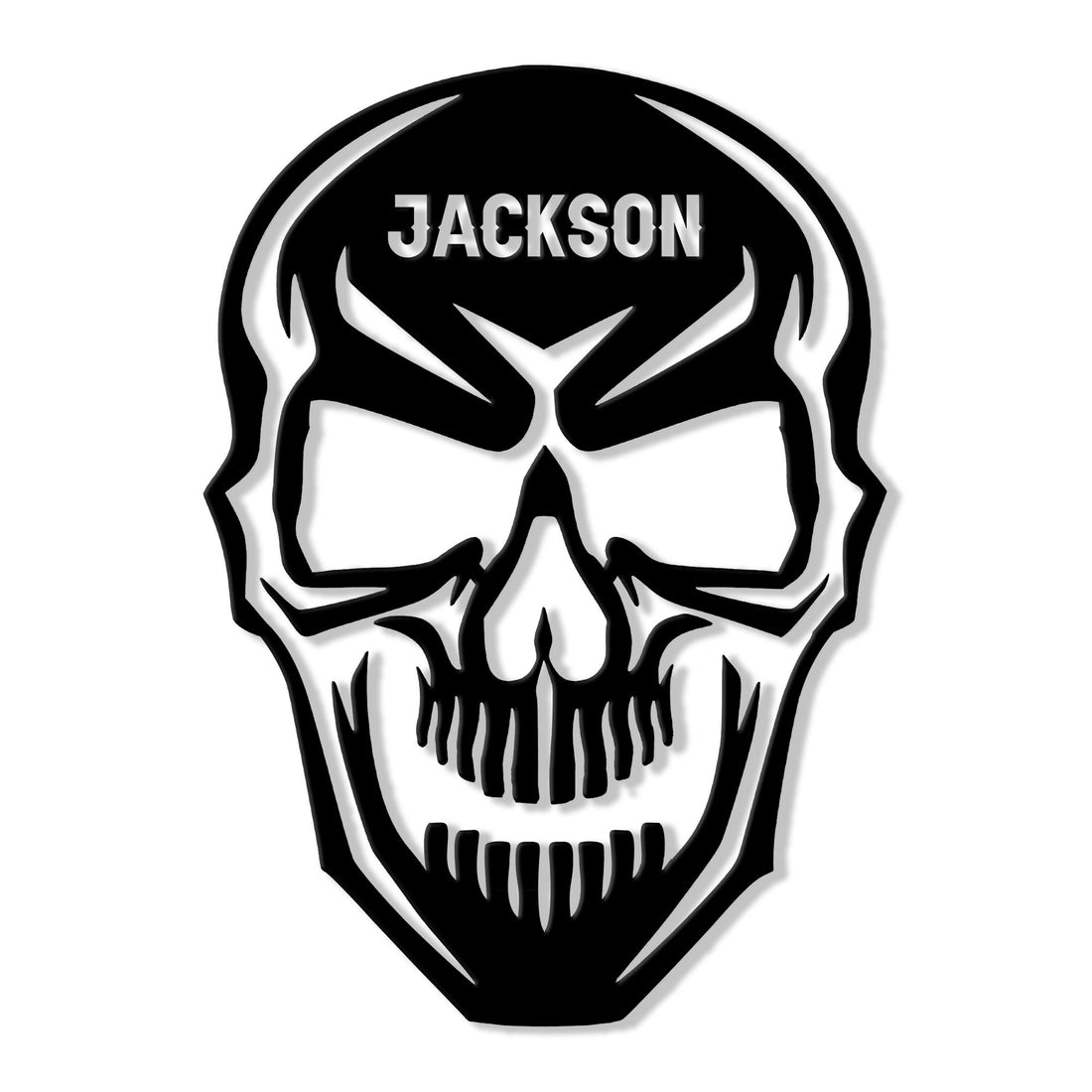 Bold black and white skull metal sign with a striking graphic design for custom wall decor
