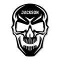 Bold black and white skull metal sign with a striking graphic design for custom wall decor