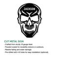 Skull metal sign feature graphic with cut steel sign details and indoor or outdoor display information