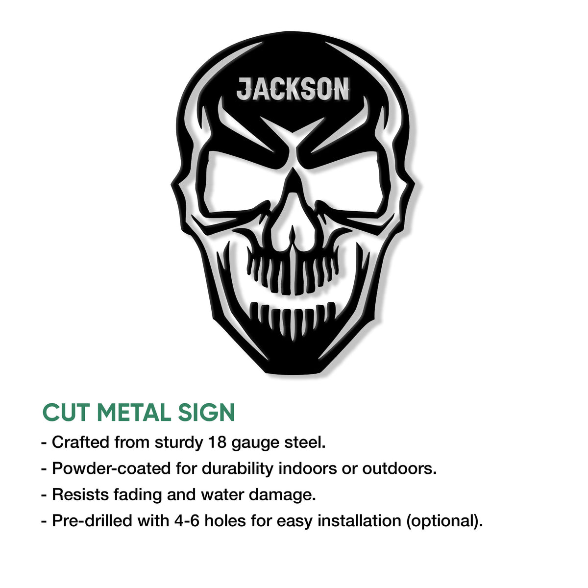 Skull metal sign feature graphic with cut steel sign details and indoor or outdoor display information