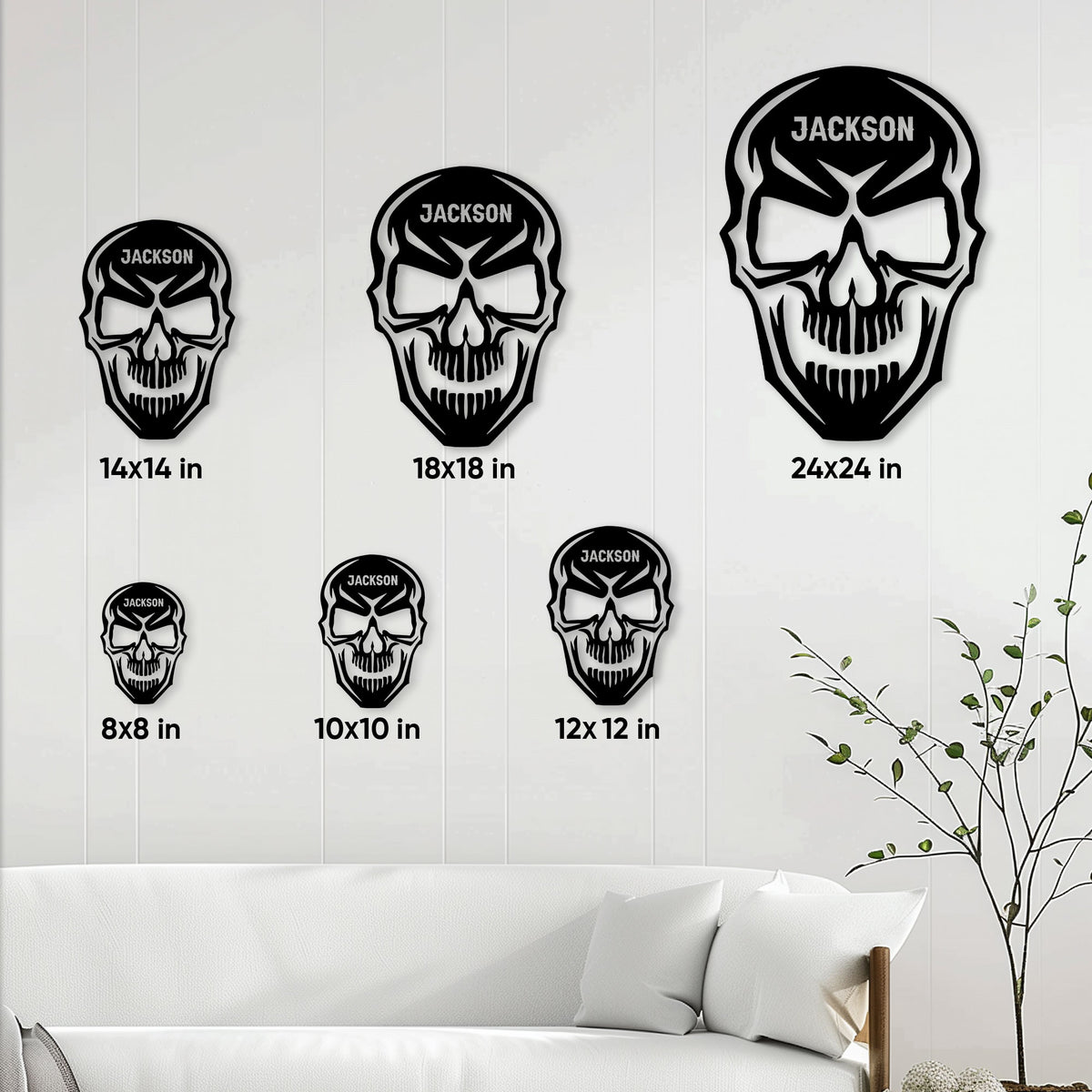 Skull metal sign size guide showing multiple square size options from 8 by 8 to 24 by 24 inches