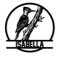 Black woodpecker metal sign featuring a detailed bird perched on a tree branch within a circular frame