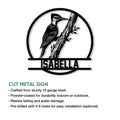 Woodpecker cut metal sign shown with product feature details and optional pre-drilled installation holes