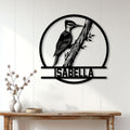 Woodpecker wall sign displayed above a console table in a bright, modern home interior