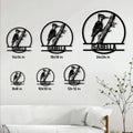 Woodpecker metal sign size guide showing six square size options in a living room setting
