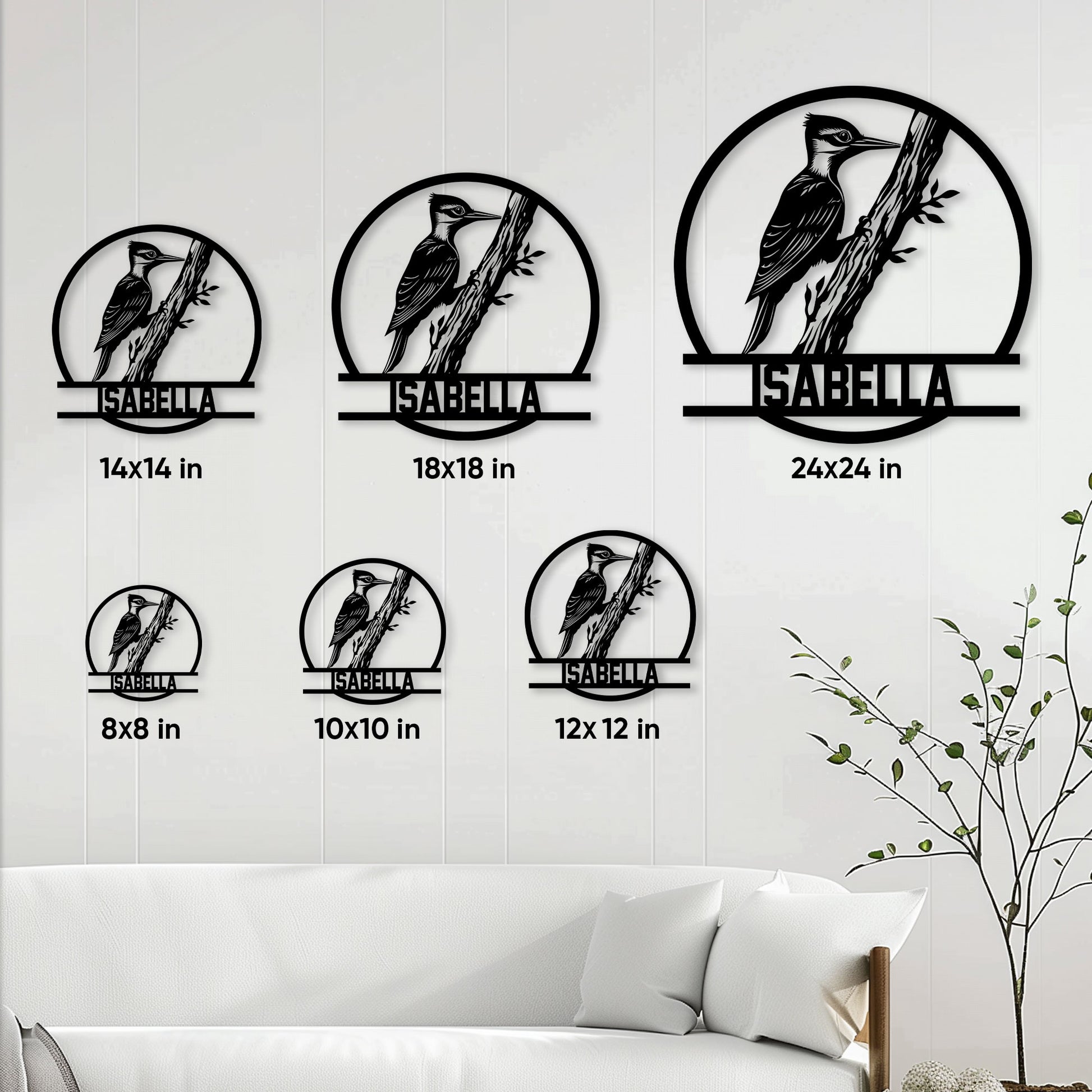 Woodpecker metal sign size guide showing six square size options in a living room setting