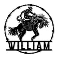 Rodeo metal sign featuring a bull rider silhouette inside a barbed wire circle