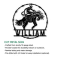 Rodeo bull riding metal sign shown in a cut-metal product feature presentation