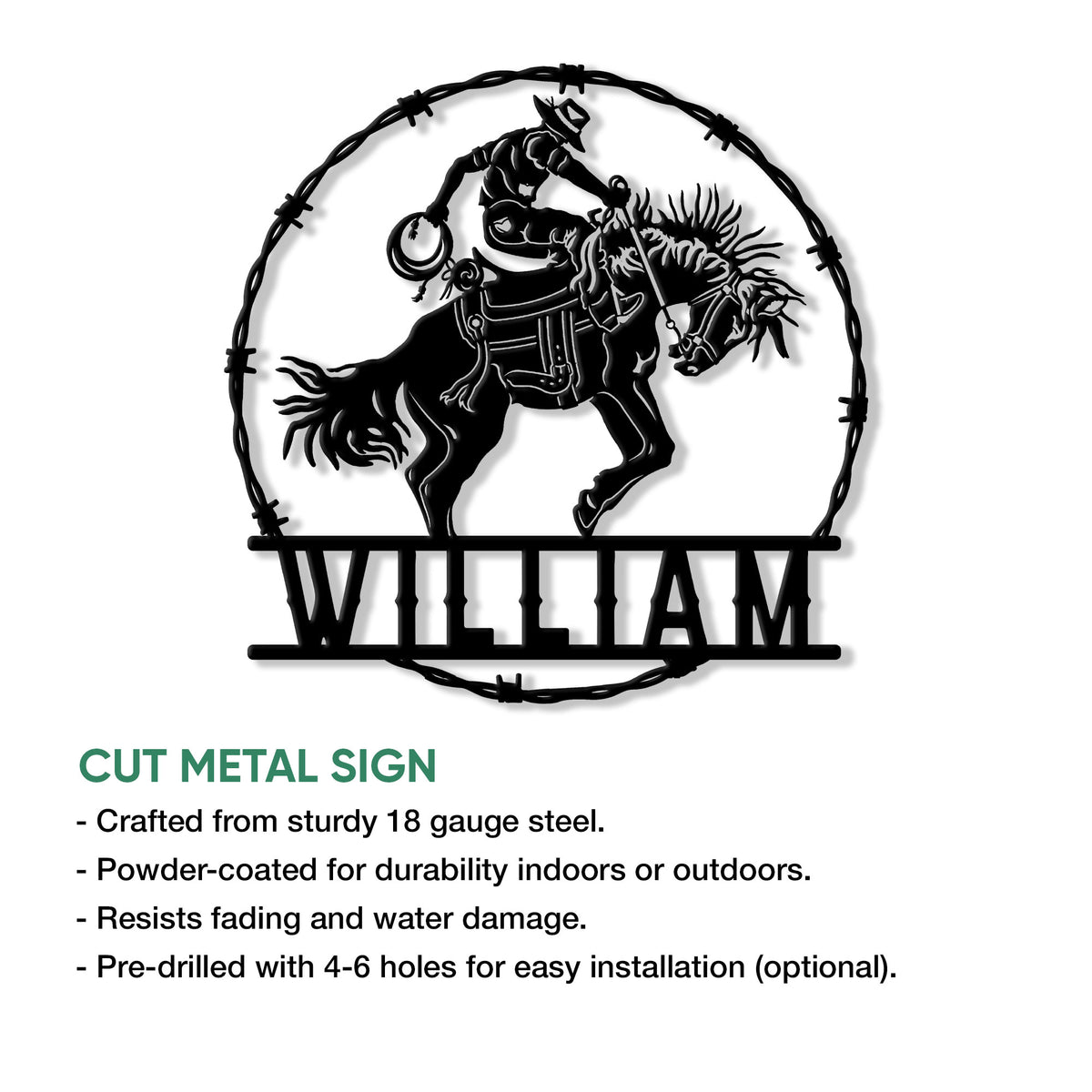 Rodeo bull riding metal sign shown in a cut-metal product feature presentation