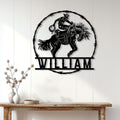 Bull riding rodeo sign displayed as Western wall decor above a rustic console table