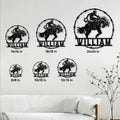 Rodeo bull rider metal sign shown in multiple size options on a living room wall