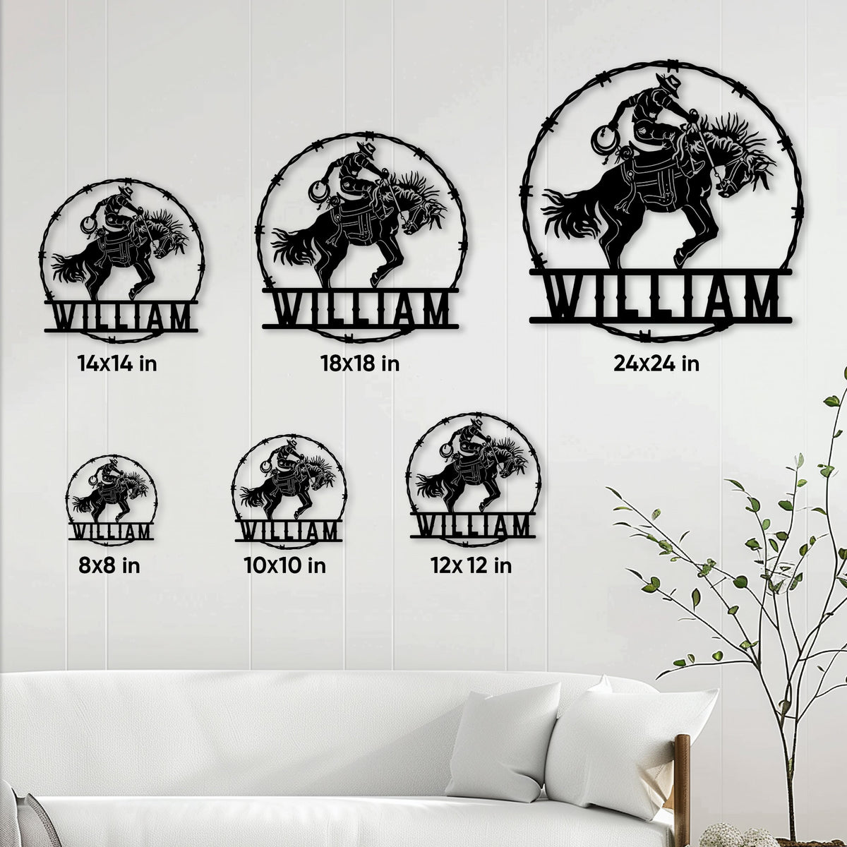 Rodeo bull rider metal sign shown in multiple size options on a living room wall