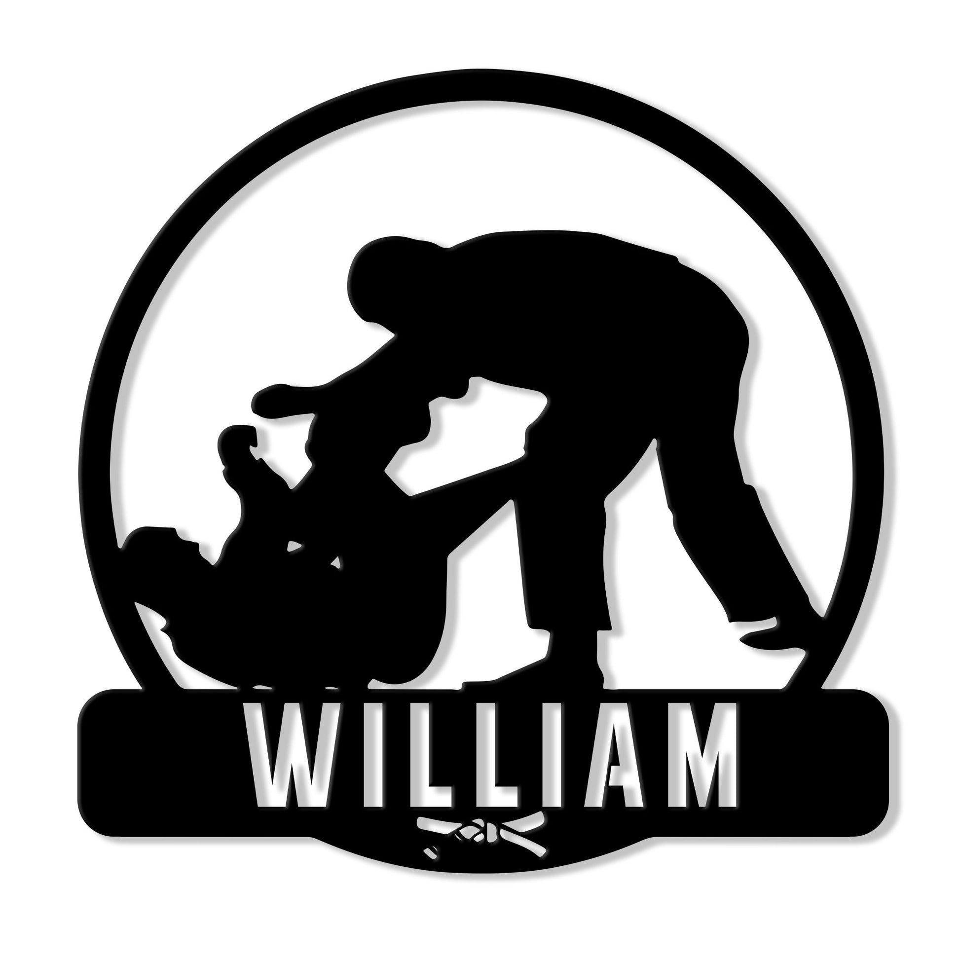 Jiu Jitsu metal sign featuring a grappling silhouette inside a circular frame with a bold nameplate