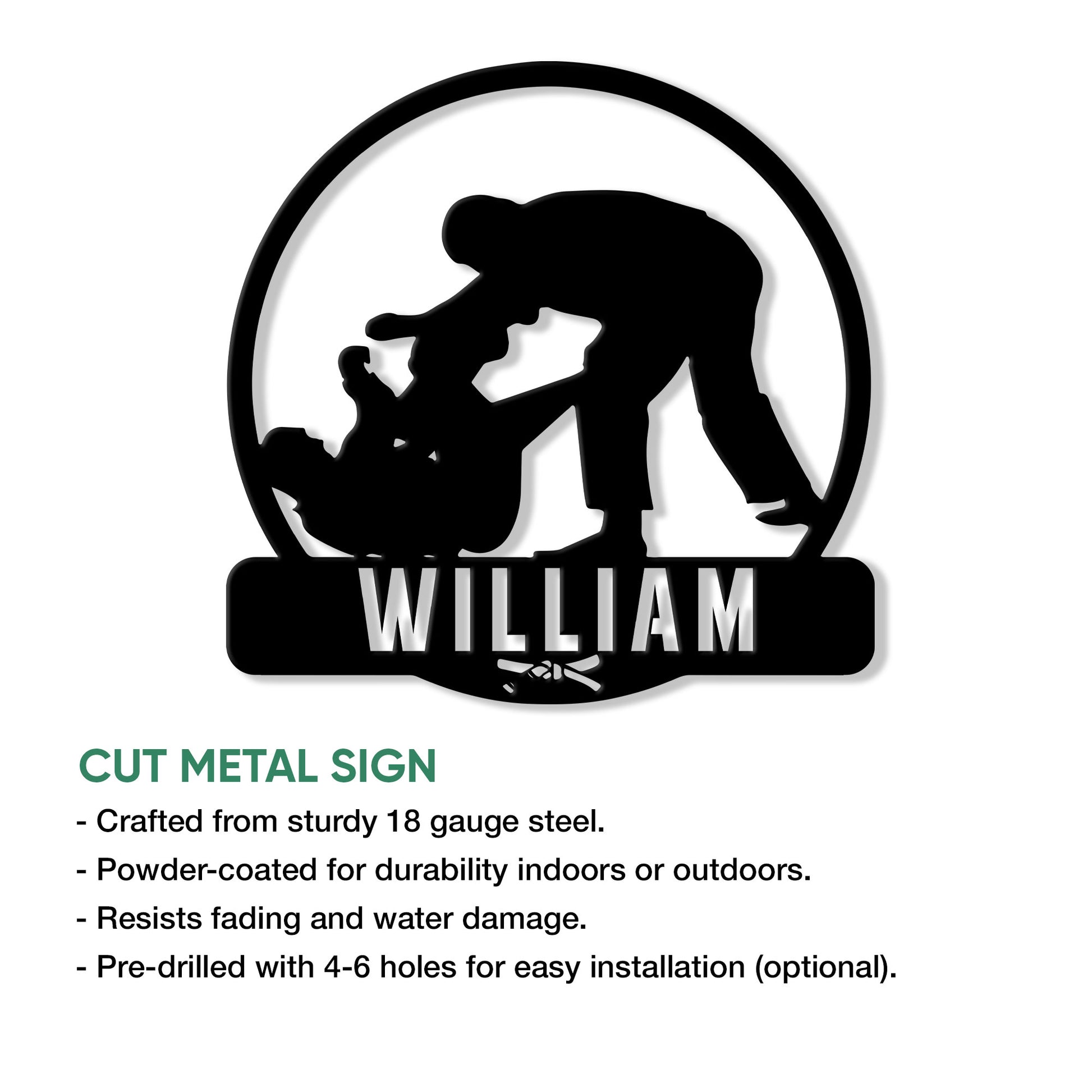 Jiu Jitsu cut metal sign feature graphic highlighting the grappling silhouette and sign construction details