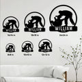 Jiu Jitsu metal sign size guide showing six circular grappling designs in multiple dimensions