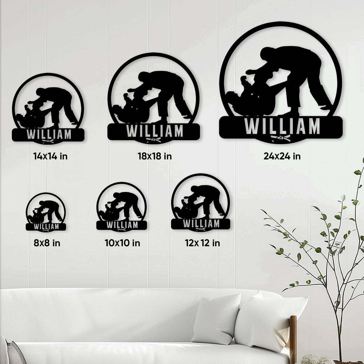 Jiu Jitsu metal sign size guide showing six circular grappling designs in multiple dimensions