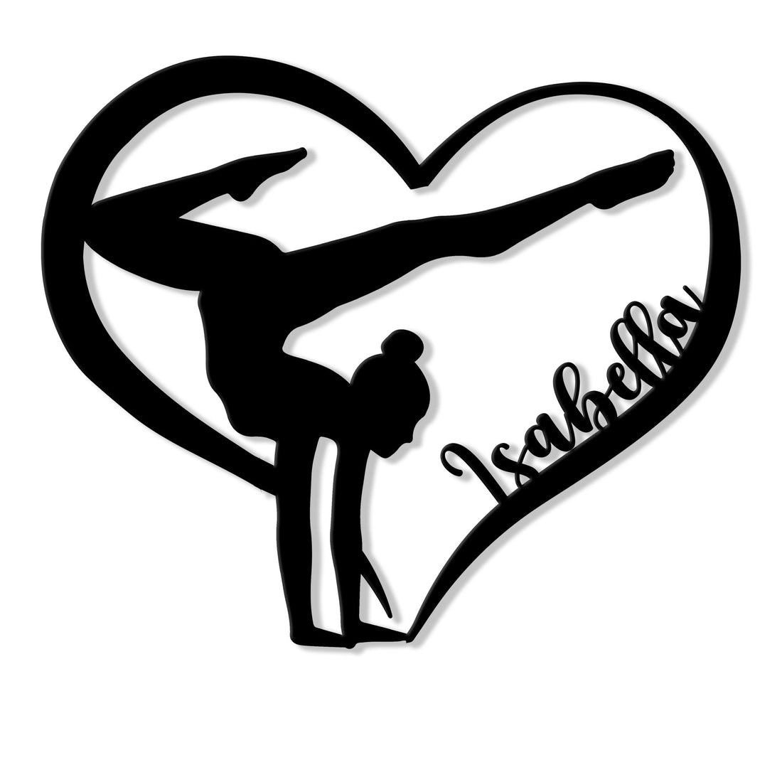 Black metal sign featuring a heart-shaped frame and gymnast silhouette performing a split leap