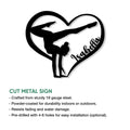 Gymnastics metal sign feature graphic highlighting the heart-shaped gymnast silhouette and product details