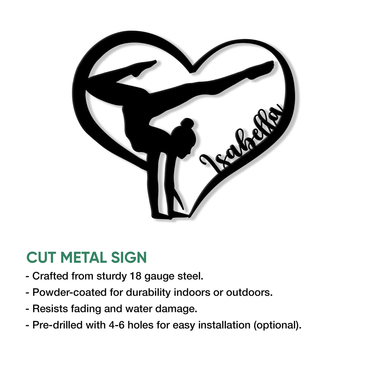 Gymnastics metal sign feature graphic highlighting the heart-shaped gymnast silhouette and product details