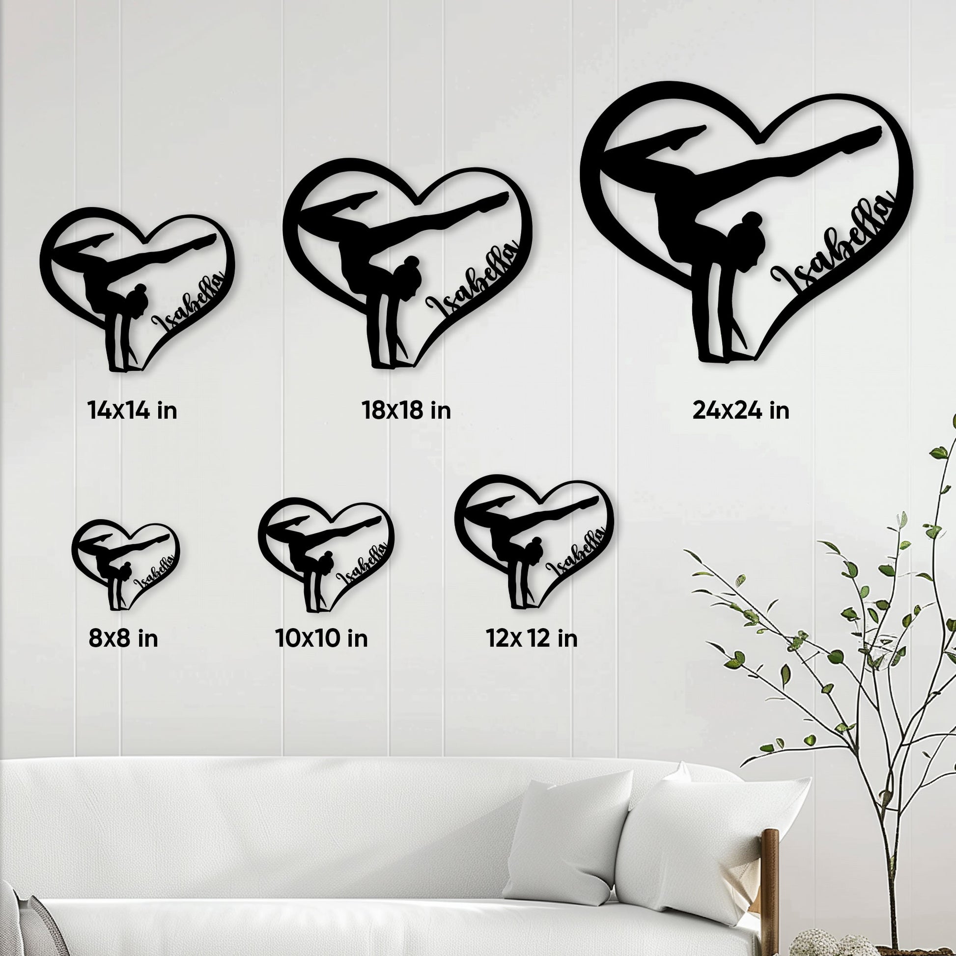 Gymnastics wall sign size guide showing heart-shaped gymnast designs in six square size options