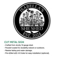 She Shed floral metal sign shown with a product feature infographic and installation information