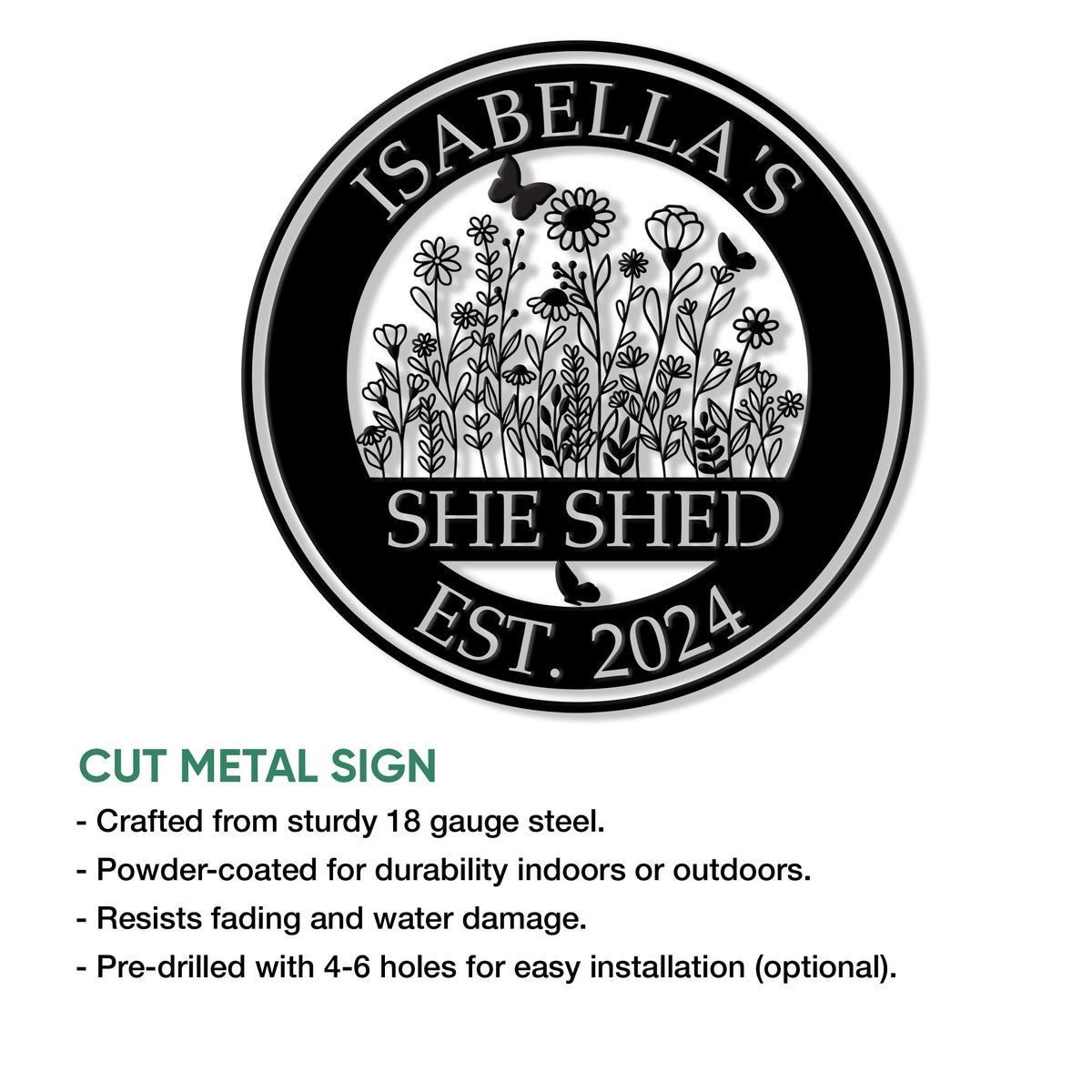 She Shed floral metal sign shown with a product feature infographic and installation information