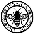 Round bee metal sign featuring a bold honeybee silhouette, honeycomb, beehives, honey jar, and honey dipper