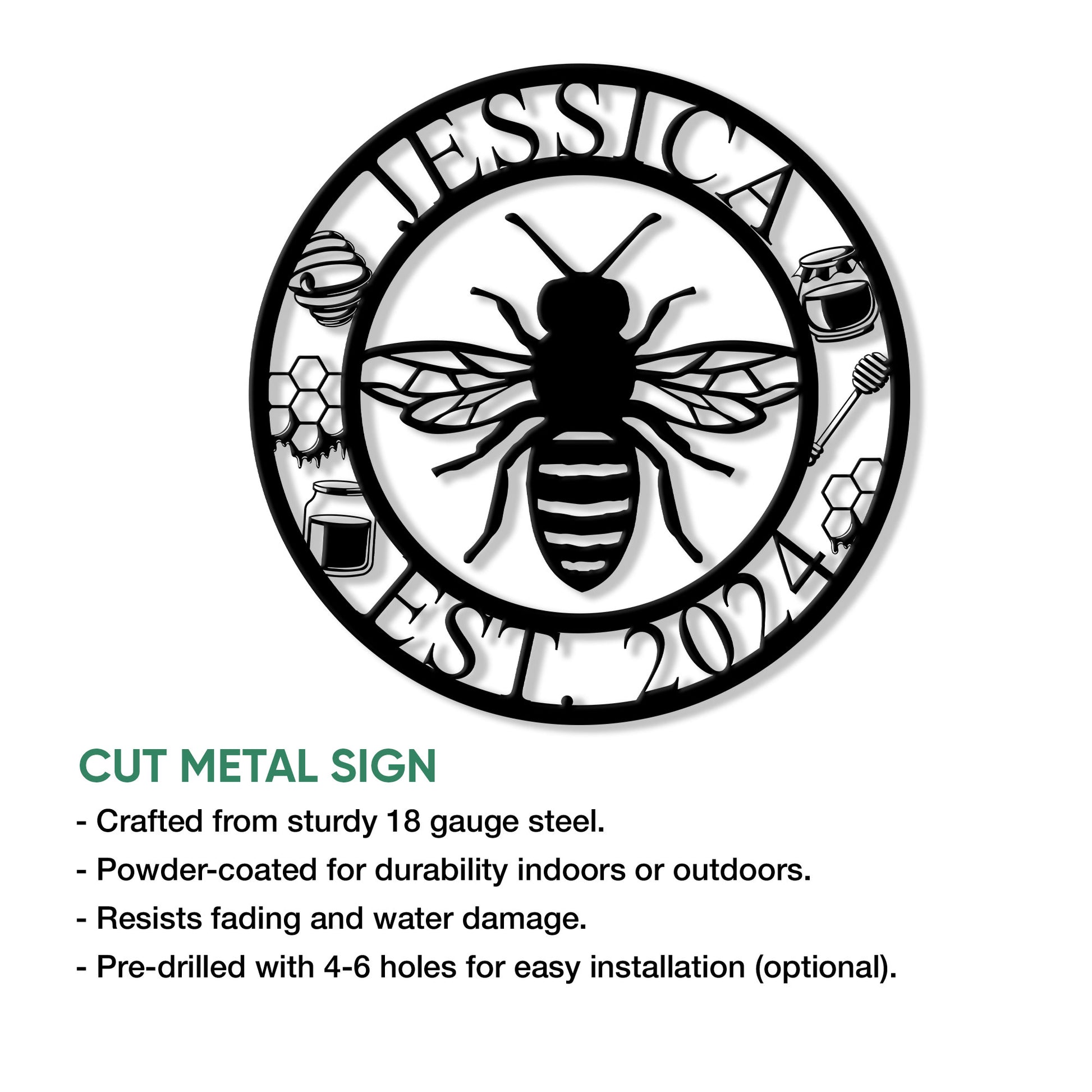 Bee metal sign feature graphic showing the circular honeybee design with cut metal construction and installation options