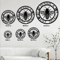Bee metal sign size guide showing circular designs in 8, 10, 12, 14, 18, and 24 inch options