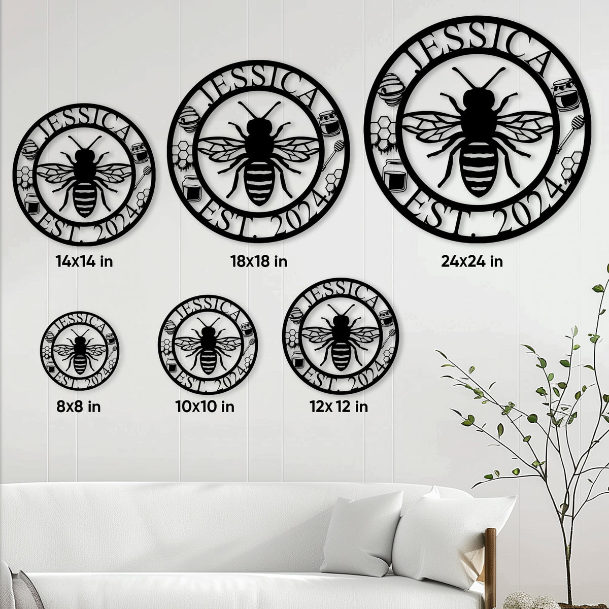Bee metal sign size guide showing circular designs in 8, 10, 12, 14, 18, and 24 inch options