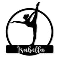 Custom gymnastics metal sign featuring a gymnast silhouette in a standing split pose
