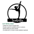 Gymnastics metal sign with circular athlete silhouette and cut steel sign feature details